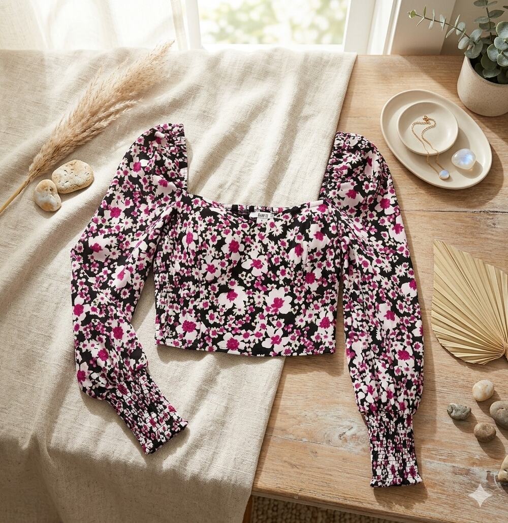 Bar III Floral Bustier Crop Top - NWT - Size M - Sweetheart Neck Puff Sleeve
